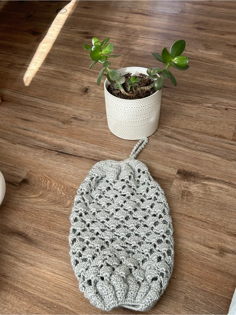 Handmade Crochet bag holder in blue Gray with Hanging Loop